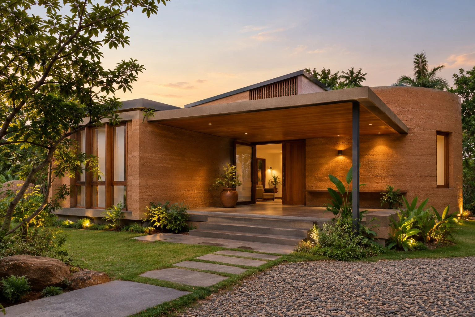 Modern rammed-earth home with a covered veranda and garden at dusk
